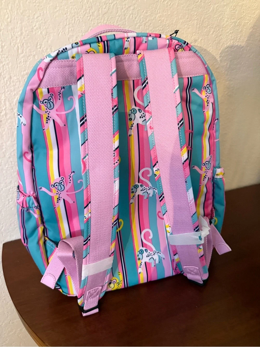Kipling Pink Teal Multi-Color Striped Monkey Backpack
